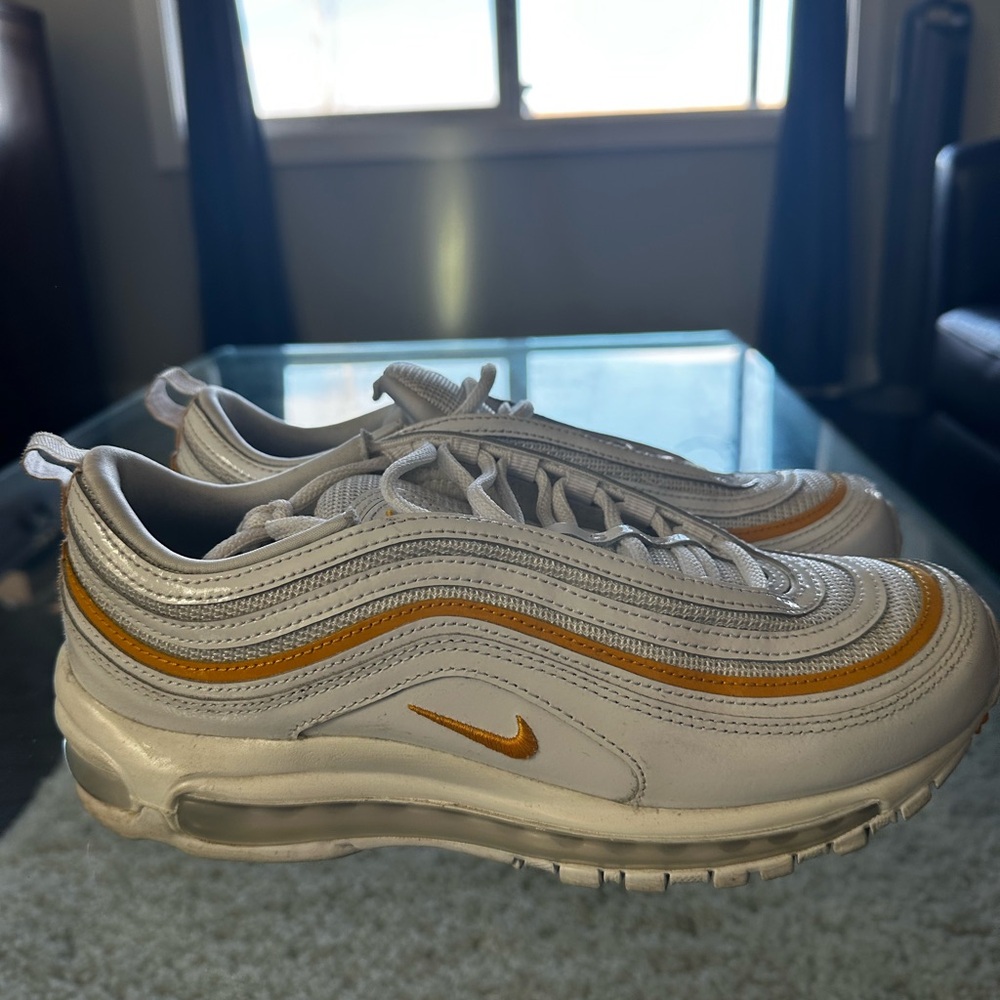 Nike Airmax 97 gold and white. Worn twice. size: 10 1/2 womens and 9 mens.
